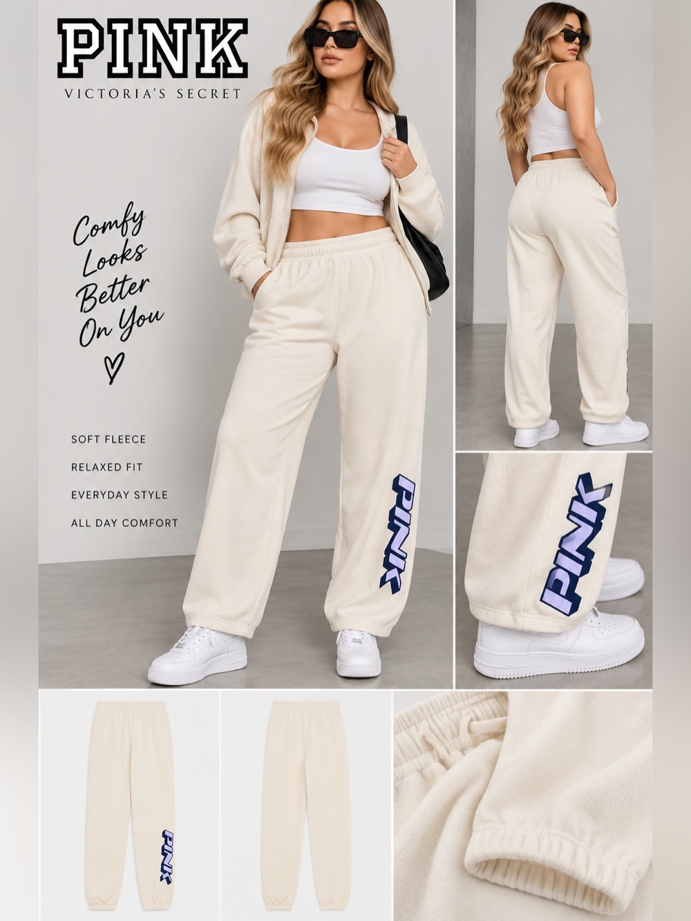 PINK Victoria's Secret Cream Fleece Joggers with Navy Logo